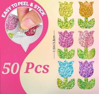 50x Tulpen Blumen Folie Holografische Aufkleber Ostern Party Etiketten Geschenk Basteln