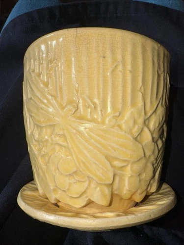 McCoy Flower Pot Butter Yellow Dragonfly Vintage Planter Great Used Condition