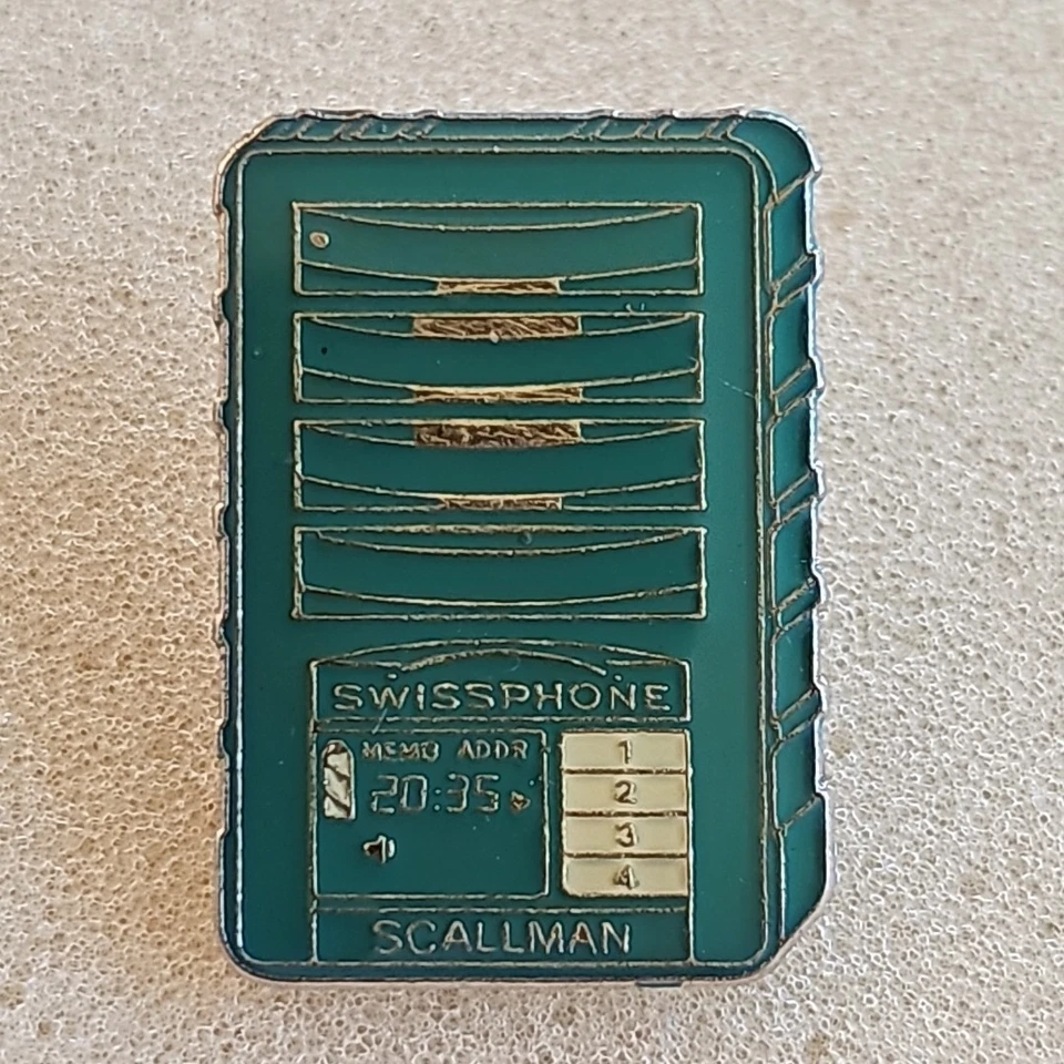 vintage Swissphone SCALLMAN pager Pin Badge 25mm X 17mm c1980s - image 2 of 4
