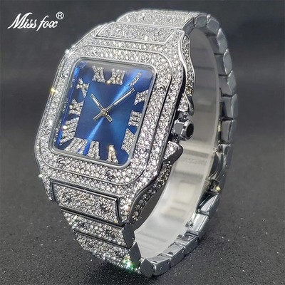 Hip Hop Luxury Ice out Mens Watch Iced Bling Cz Diamond Silver Square Waterproof
