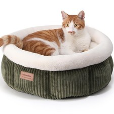 FUKUMARU Cat Bed, Corduroy Round Beds for Indoor 19"L 19"W 8"Th, Green