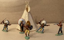 Vintage Plastic Tepee and 5 Colored Indians for Toy Sets