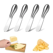 4-Piece Silver Round Cheese Butter Spreader Knives Set Stainless Steel