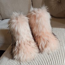 Women's Faux Fur Bootie Slippers Pink Beige Closed Toe Winter Flat