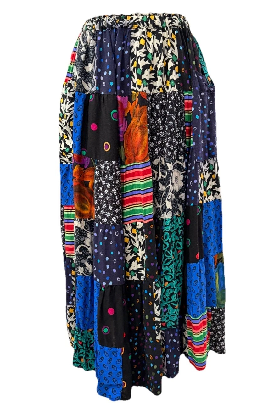 Handmade Patchwork Maxi Skirt Pockets One Size Elastic Waist Boho Hippie Retro