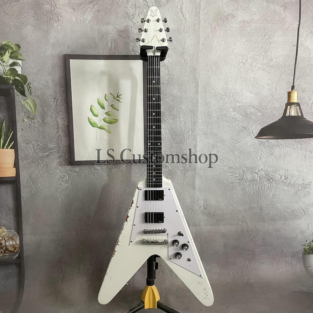 ホワイト Vシェイプ エレキギター Aged Alpine White Hetfield Relic FUK IT Flying V Electric