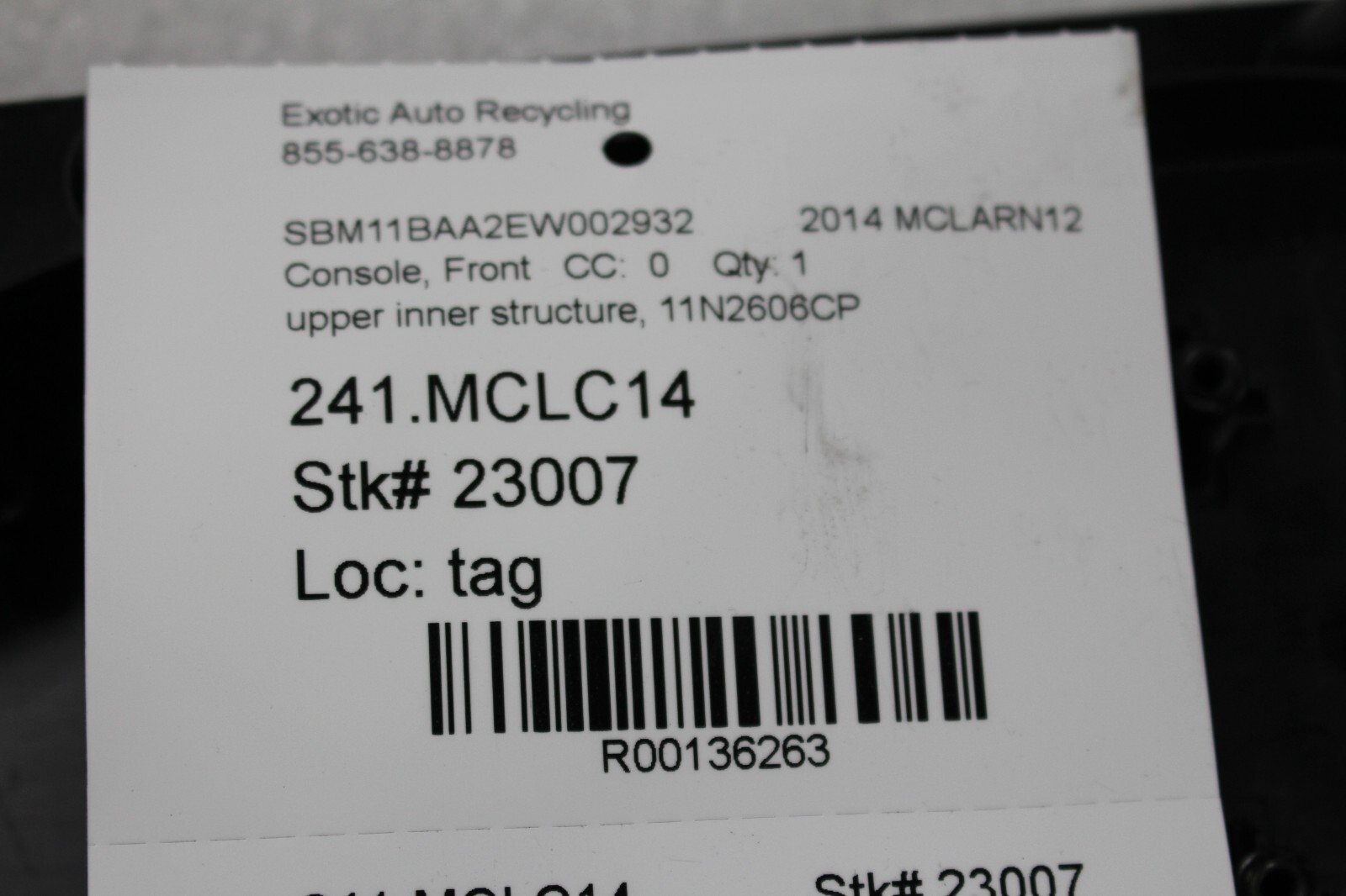Mclaren MP4-12C, Front Console, Upper Inner Structure, Used, P/N 11N2606CP