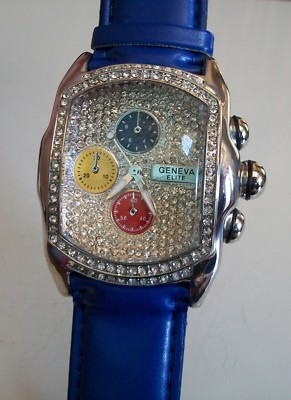 Men's stones fashion black, blue, yellow, white leather band party watches