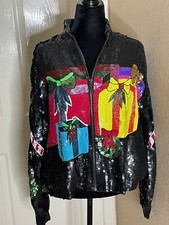 Vintage  Christmas Bomber Jacket Med  Silk Sequined All Over Party