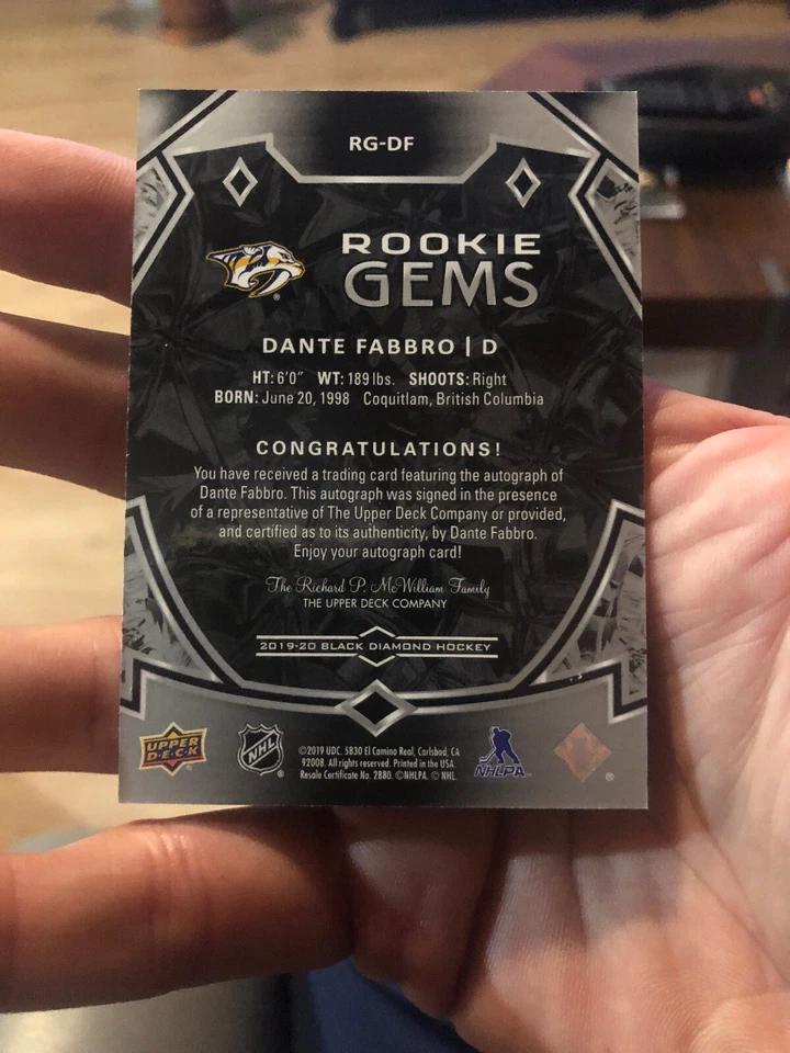 2019-20 Upper Deck Black Diamond Rookie Gems Autograph DANTE FABBRO Auto 104/199 - Image 2 of 2