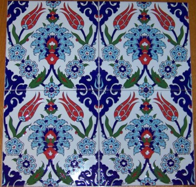16''X16'' (40cm x 40cm) Turkish Iznik Red Tulip & Floral Pattern Ceramic Tile