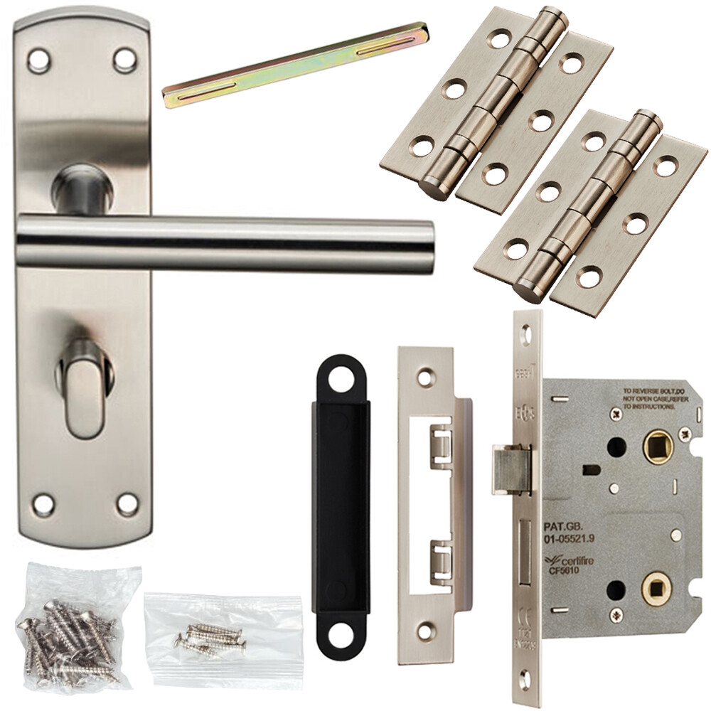 Door Handle & Bathroom Lock Pack Satin Steel Modern Straight T Bar Backplate