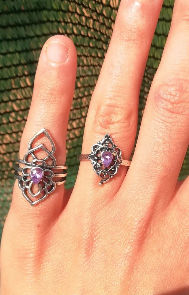 ANELLO FIOR DI LOTO AMETISTA IN ARGENTO TIBETANO 300, CRISTALLO GOCCIA AMETISTA - Immagine 3 di 4