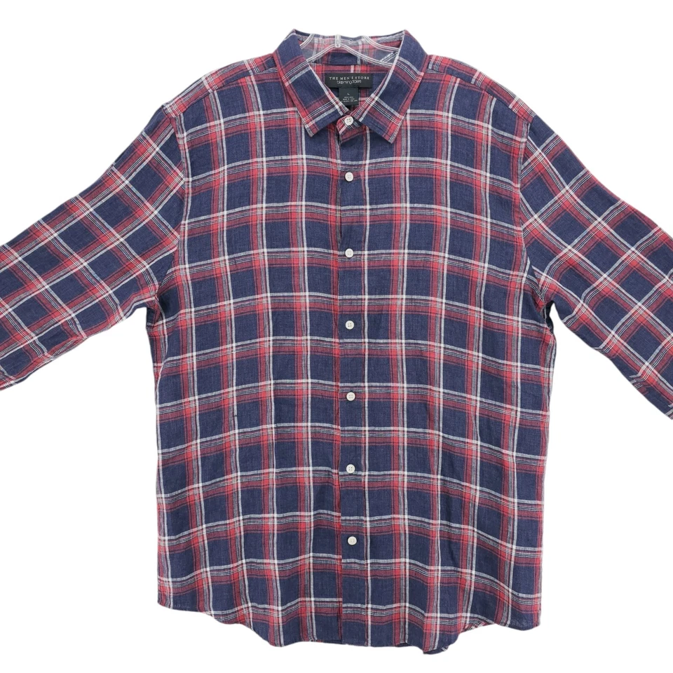 BLOOMINGDALES Men's Store 100% Linen Button Up Shirt Red Blue Plaid Check LARGE - Image 3 of 4