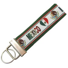 Mexico Key Chain, Mexican Flag Key Fob, Fabric Keychain on Green Background