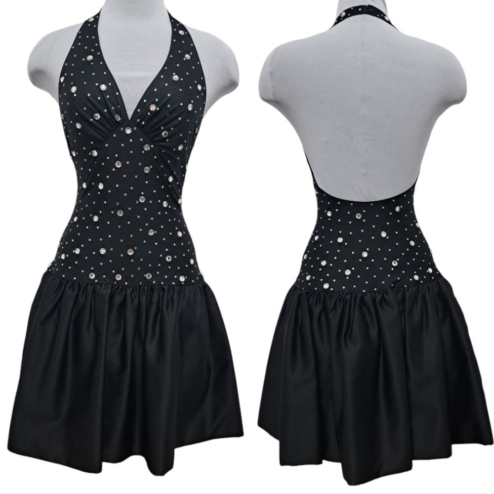 Bern Shaw Studded Rhinestone Goth Halter Mini Dress Size 4 Black