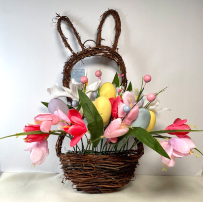 Ashland Easter Grapevine Basket Bunny Shape 16in Woven Faux Floral Eggs Wall New