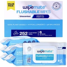 6 PACK, 252 ULTRA Flushable Butt Wipes, Soothing Vitamin E & Aloe Unscented
