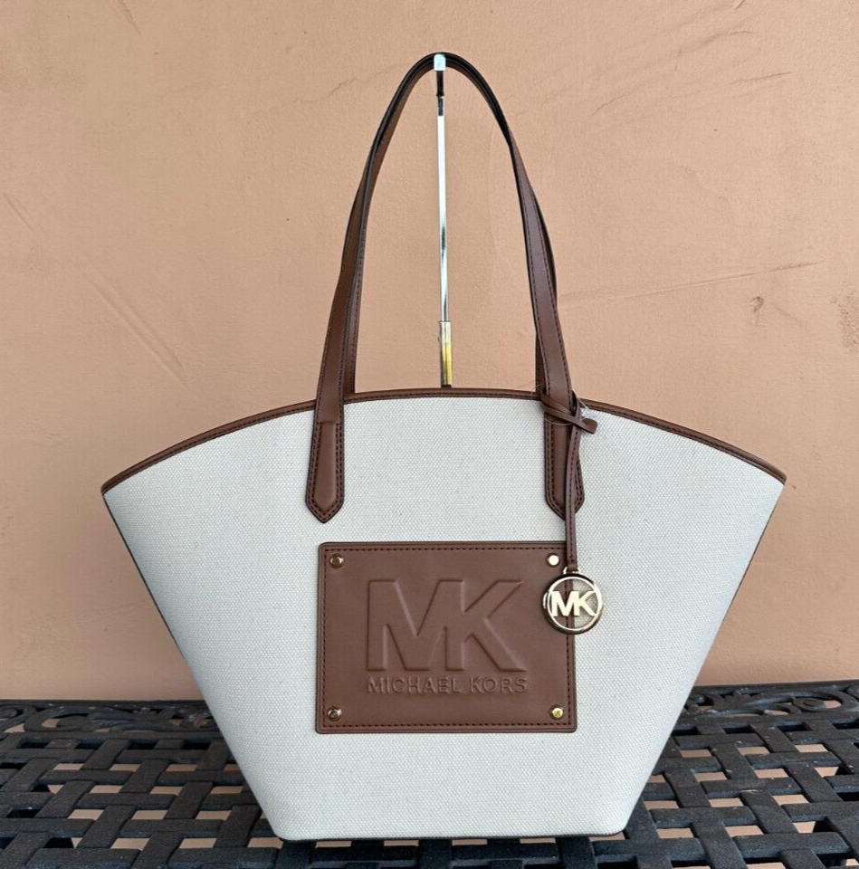 MICHAEL KORS KIMBER LARGE TOP ZIP SHOULDER TOTE BAG CANVAS NATURAL