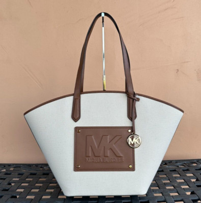 MICHAEL KORS KIMBER LARGE TOP ZIP SHOULDER TOTE BAG CANVAS NATURAL