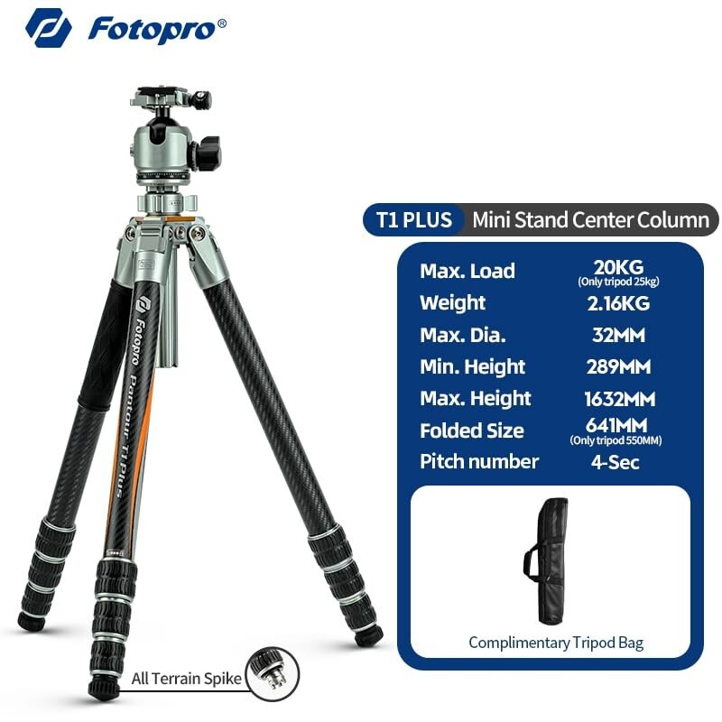 Fotopro T1 PLUS,Carbon Fiber Tripod Camera SLR Travel Tripod Stand 20KG Playload