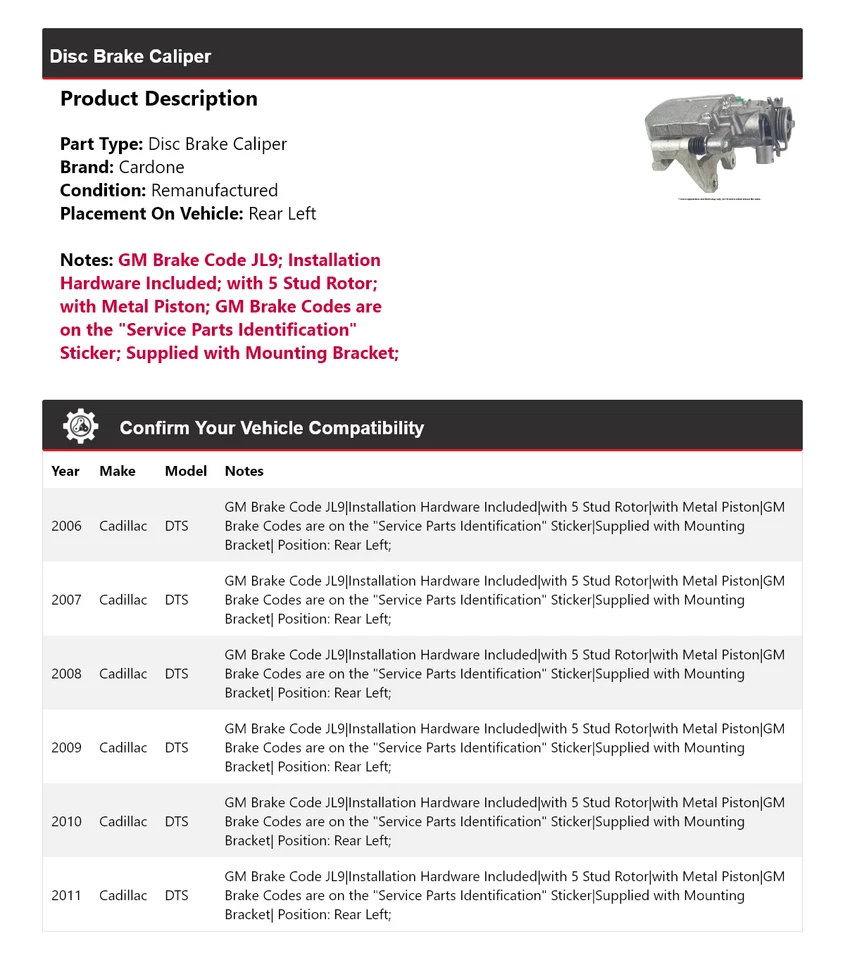 Para 2006-2011 Cadillac DTS pinça de freio a disco traseira esquerda Cardone 2007 2008 2009 - Imagem 2 de 4