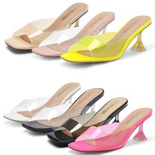 Women Clear Heels Square Toe High Heel Slide Sandals Wedding Dress Heel Sandals
