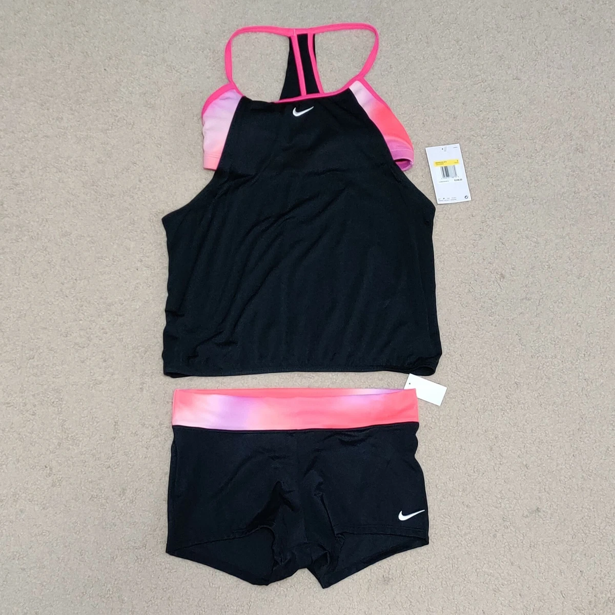 Nike Swimsuit Layered Women's Tankini 2 Piece Boy Shorts Black Pink  NESSC400-672