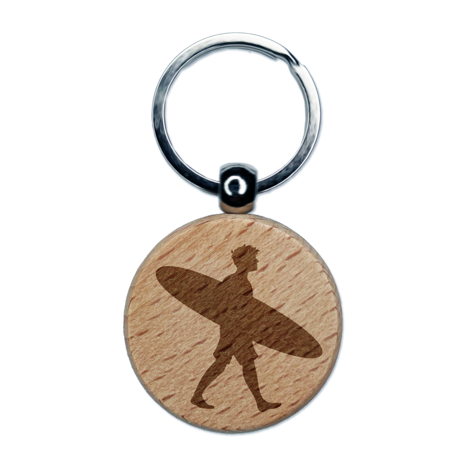 Engraved Wood Round Keychain Featuring a Surfing Man with Board