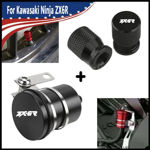 For Kawasaki Ninja ZX6R Brake Tank Reservoir Oil Cup tire valve cover SET Black eBay