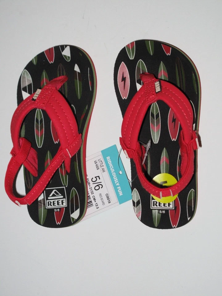 Reef Infant Toddler 5/6 Little Ahi Red Surfboard  Flip Flops Sandals Boys - Image 2 of 2