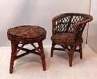 Wicker Rattan Furniture Doll House Barbie Size Chair Table 2 Pieces Vintage