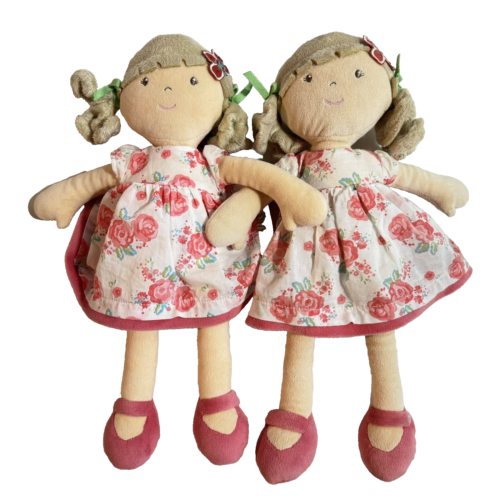 2x Twin Girl Bonikka Soft Rag Doll Flowers Blonde Pigtails Hair Embroidered 39cm - Picture 1 of 9