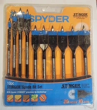 Spyder Stinger Spade Bit Set 10 pc 1/4 - 1 inch, Non-clogging Auto Feed Tip New