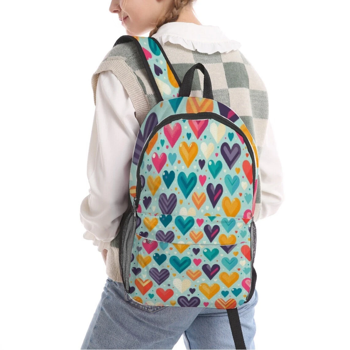 Light Blue Various Color Heart Pattern (AOP) Travel Backpack 17.3" x 10.2" x 5.9