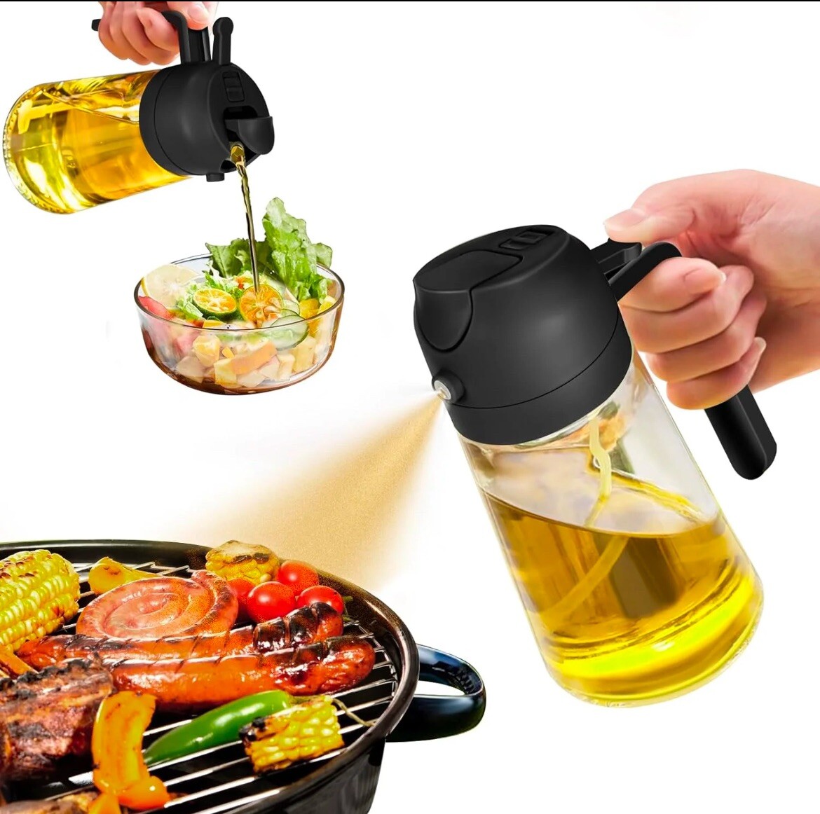 Ölsprüher Ölspender 2in1 Glas 500 ml Küche Grillen Backen fettarm kochen