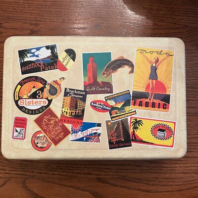 Retro Travel Quilt Fabric Labels Suitcase Metal Tin w/ Handle 12'' Vintage