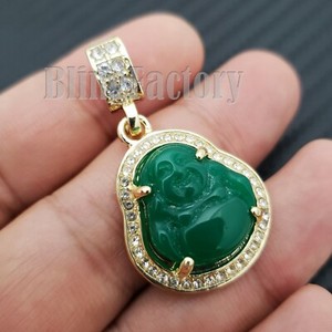 Authentic Hip Hop Iced Bust Down Gold plated Green Jade Lucky Buddha Charm Pendant