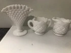 VTG Hobnail Milk Glass 4 Inch Small Fan vase and miniature sugar creamer set