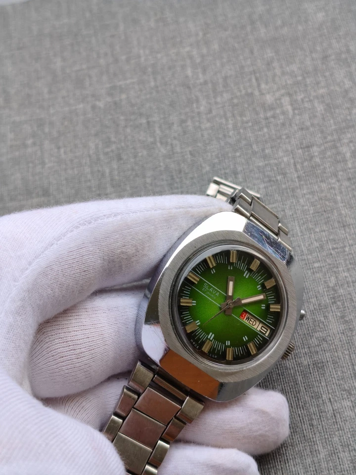 Seltene Slava Automatik Armbanduhr UdSSR Grünes Fumé Zifferblatt Großes Gehäuse - Bild 2 von 4