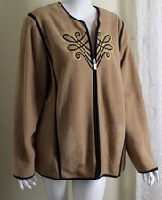 Bob Mackie XL Beige Brown Embroidered Art-to-Wear Fleece Zip Jacket Coat