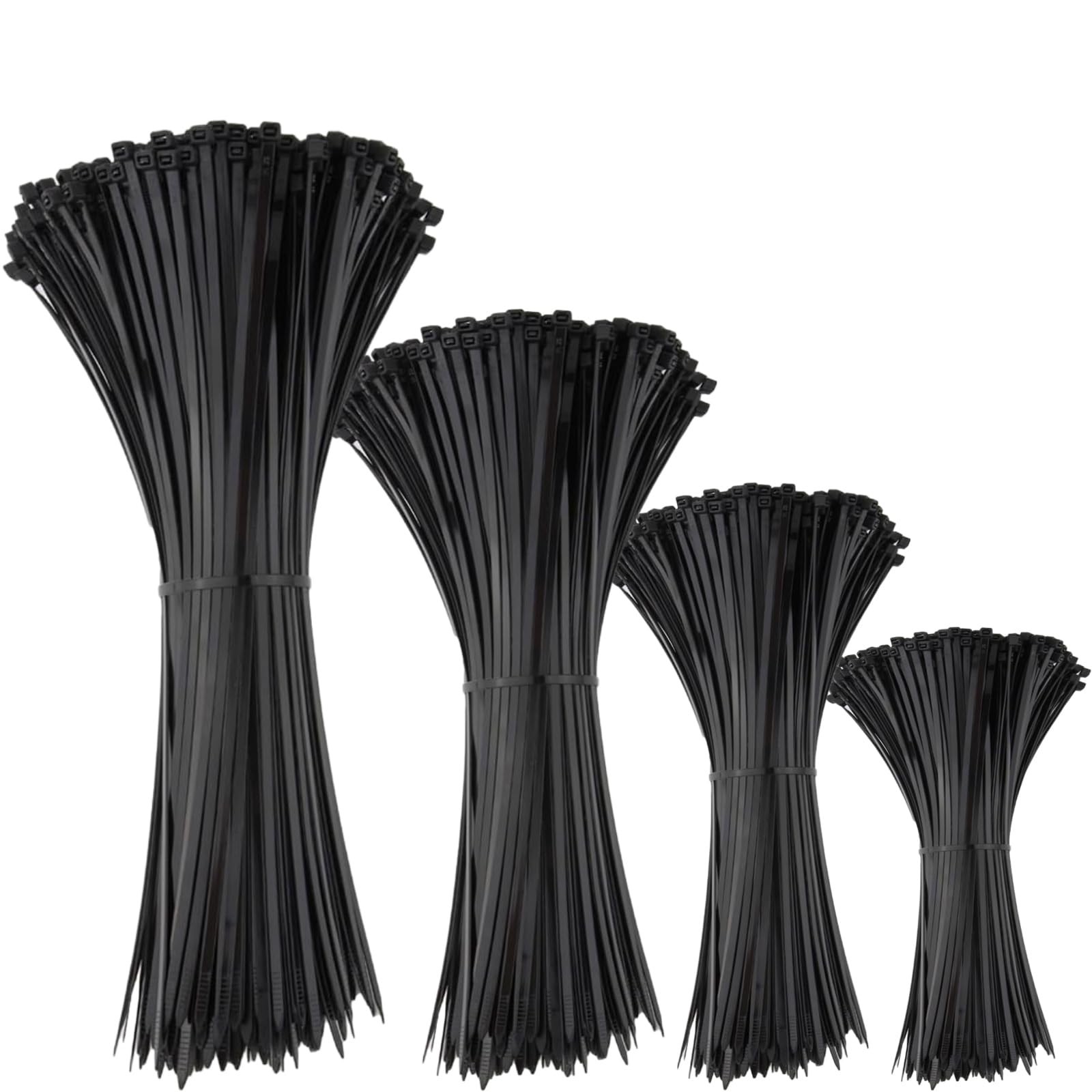 450-Piece Black Self-Locking Cable Zip Ties in Assorted Sizes 18+14+12+8+6+4 Inch