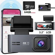 4K Dash Cam Front and Rear Dash  Camera Car DVR WiFi APP with  64GB Card