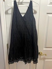 Loft Double-V Sleeveless Black Sun Dress, Eyelet Design, Knee Length, Size L