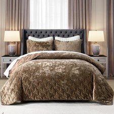 Luxury Velvet Quilt Set King Size Bedding, Mocha Brown Comforter Set, Ultra-S...