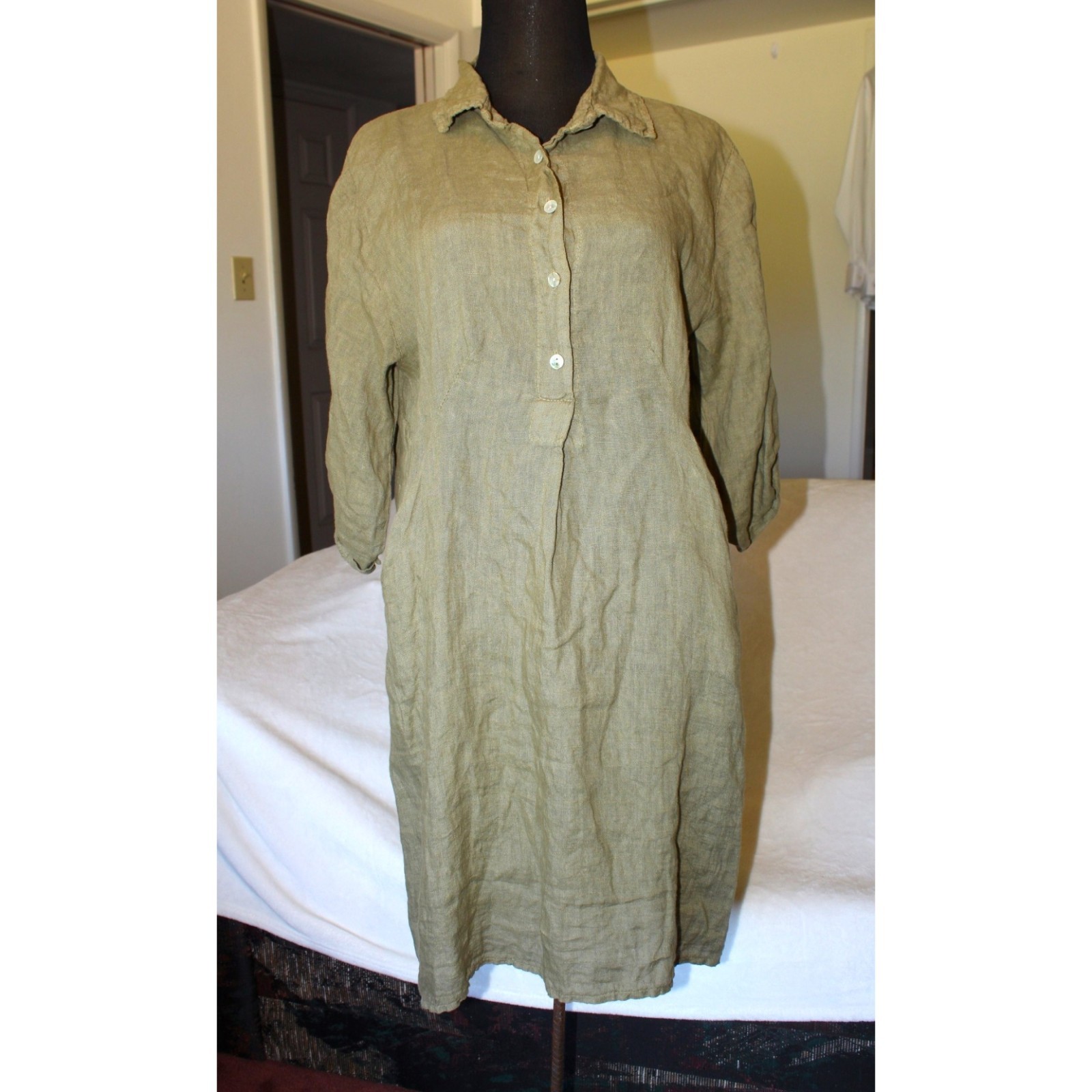 Elena Baldi Linen Women's Midi Dress XL Green Roll sleeve Italy Pocket Lagenlook