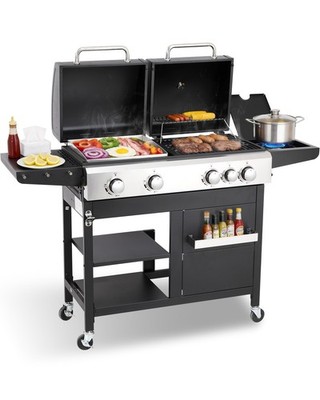 2-in-1 Gas Grill and Griddle Combo with Cover Cast Iron Grates Non-Stick