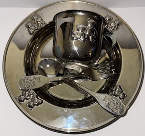 Vintage Baby 4 Pc Baby Feeding Set Plate Fork Spoon Cup Godinger Silver