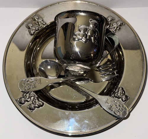Vintage Baby 4 Pc Baby Feeding Set Plate Fork Spoon Cup Godinger Silver. J