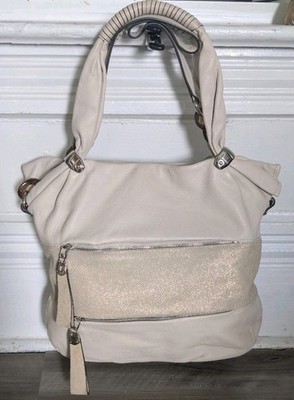B Makowsky Light Beige W/Gold Sparkle Large Convertible Leather Shoulder Bag